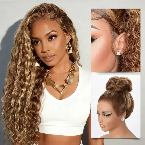 【 Hot Sale]】shimary 22" Sunkissed Honey Blonde Highlight Water Wave Wig, Glueless 13x6 Full Lace Human Hair with 3D Dome Cap for Half-Up Half-Down Styles, Wigs Human Hair