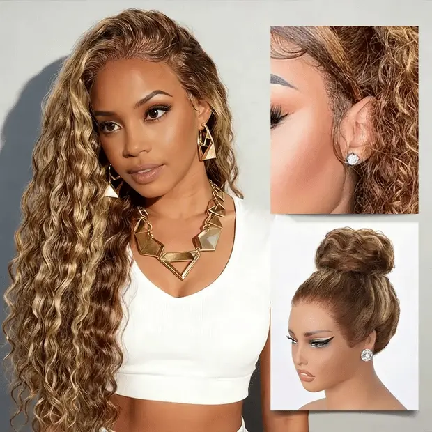 【 Hot Sale]】shimary 22" Sunkissed Honey Blonde Highlight Water Wave Wig, Glueless 13x6 Full Lace Human Hair with 3D Dome Cap for Half-Up Half-Down Styles, Wigs Human Hair