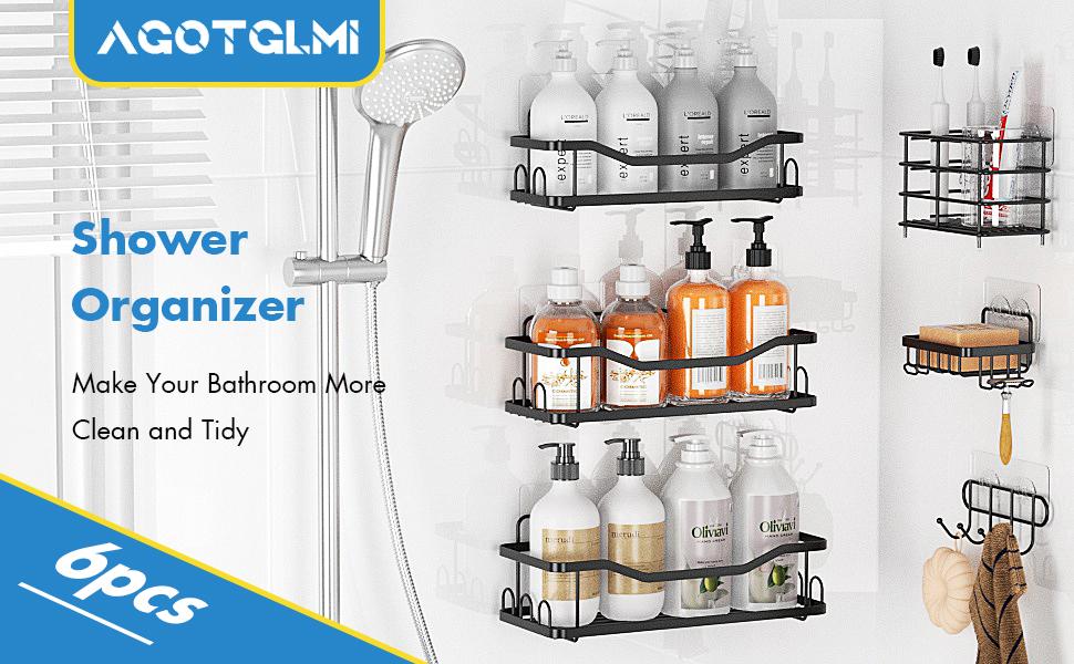 6 Pack Shower Caddy Shelf Bathroom Shower Organizer Rack No Drilling Multifunctional Organizer,Self Adhesive Black Bathroom Shelves Basket For Holding Shampoo Soap Bathroom Toilet