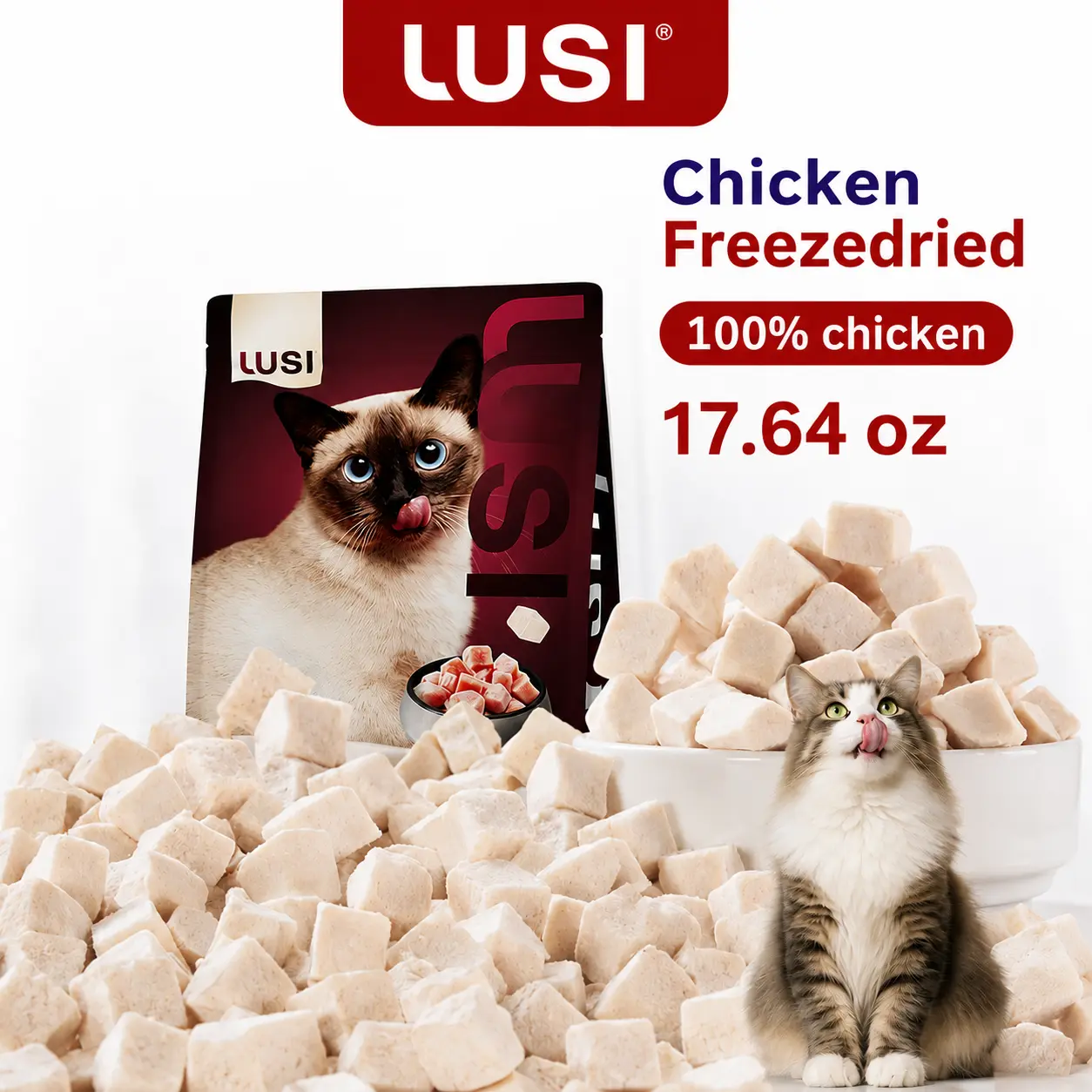 Lusi Premium Freeze-Dried Chicken Chunks Dry Cat Food & Treat - 17.64 oz, Supports Feline Nutrition, Dry Food