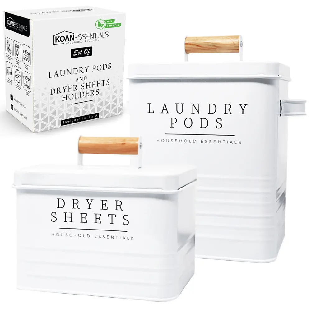 KOANEssentials Modern Farmhouse Metal Laundry Pods Container with Dryer Sheet Holder. Holds over 200 Laundry Pods and 300 Dryer Sheets. Organiser Set