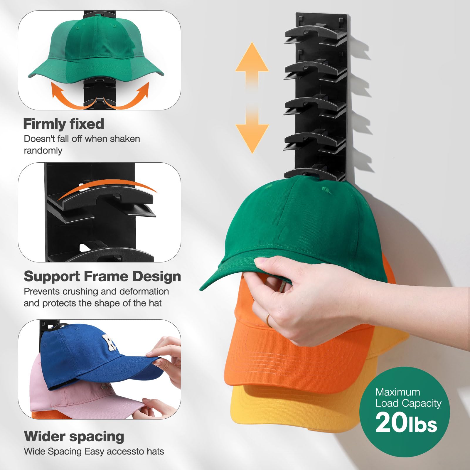 2-Pack Baseball Cap Organizer, Strong Adhesive Hat Rack, Wall-Mounted Hooks Hold 16 Hats, Adjustable Smooth Hanger for Closet Door & Bedroom, Space-Saving Home Storage Decor
