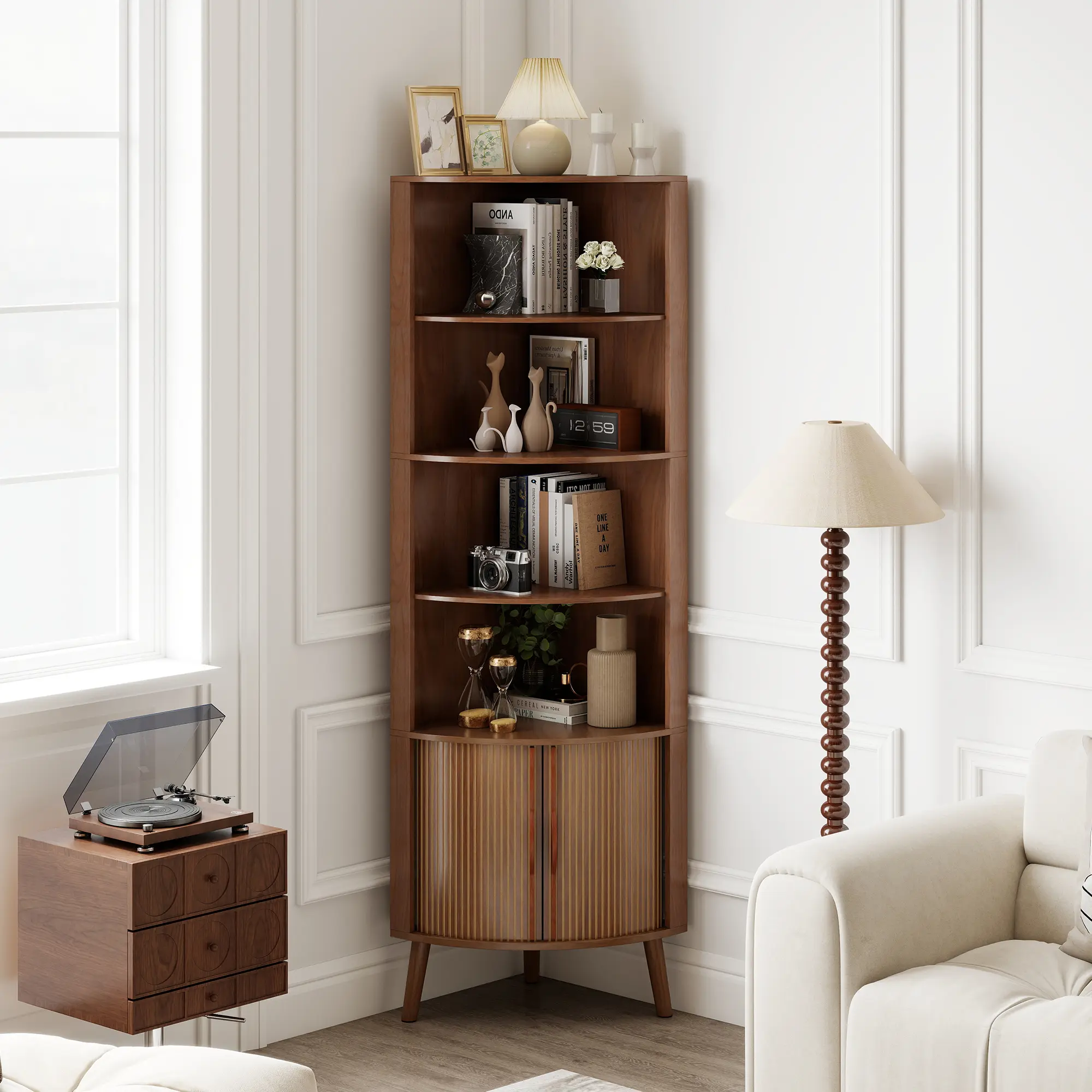 5 Tier Corner Cabinet, Modern Fluted Corner Storage Cabinet with 2 Fluted Doors and Shelves, Tall Space-Saving Corner Bookshelf Organizer for Living Room, Bathroom, Bedroom & Office
