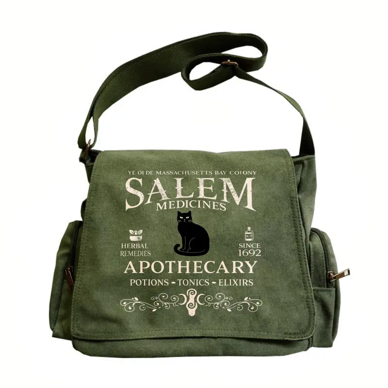 Women's Large-Capacity Artistic Flap Shoulder Handbag Messenger Bag - Retro Salem Apothecary Logo Print, Black Cat & Herbal Formulas Design, Zipper, Casual Messenger Bag, for Daily Outings, Travel, Womens Gifts