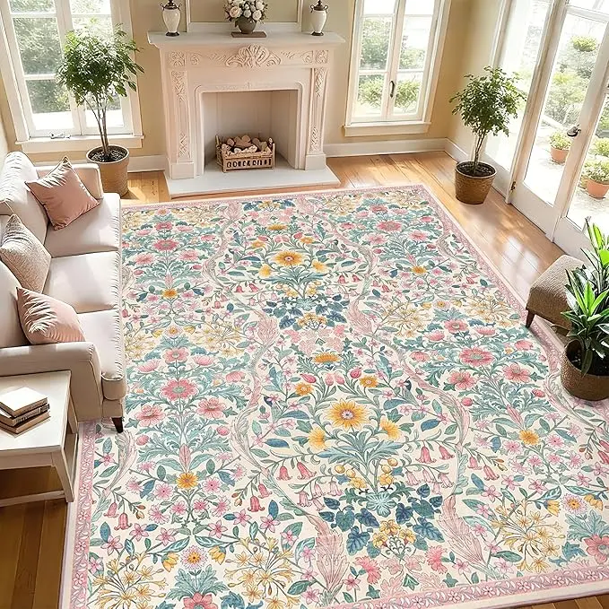 Velvet Fiber Floral Art Print Retro Vintage Low-Pile Area Rug - Soft, Non-Slip, Stain-Resistant, Non-Shedding, Wrinkle-Resistant Boho Rugs for Bedroom, Living Room