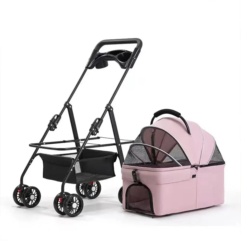 Pawzseek Portable Pet Stroller for Cats and Dogs - Foldable Outdoor Animal Carrier with Sun-Rain Cover, Breathable Mesh Panel, Storage Bag, Self-Heating Bed