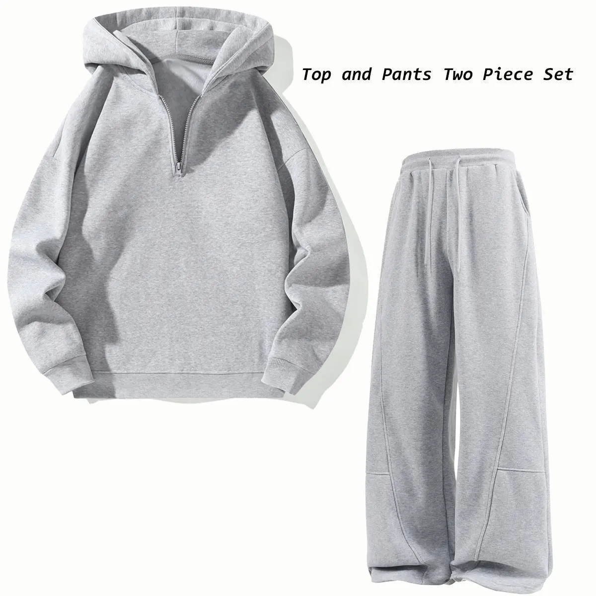 Men's 2-Piece Solid Gray Tracksuit Set - Half-Zip Hooded Workout Top, Wide-Leg Athletic Pants, s, Cute 2-Piece Sets, Casual Sportswear Menswear Apparel, Cute Two Piece Sets