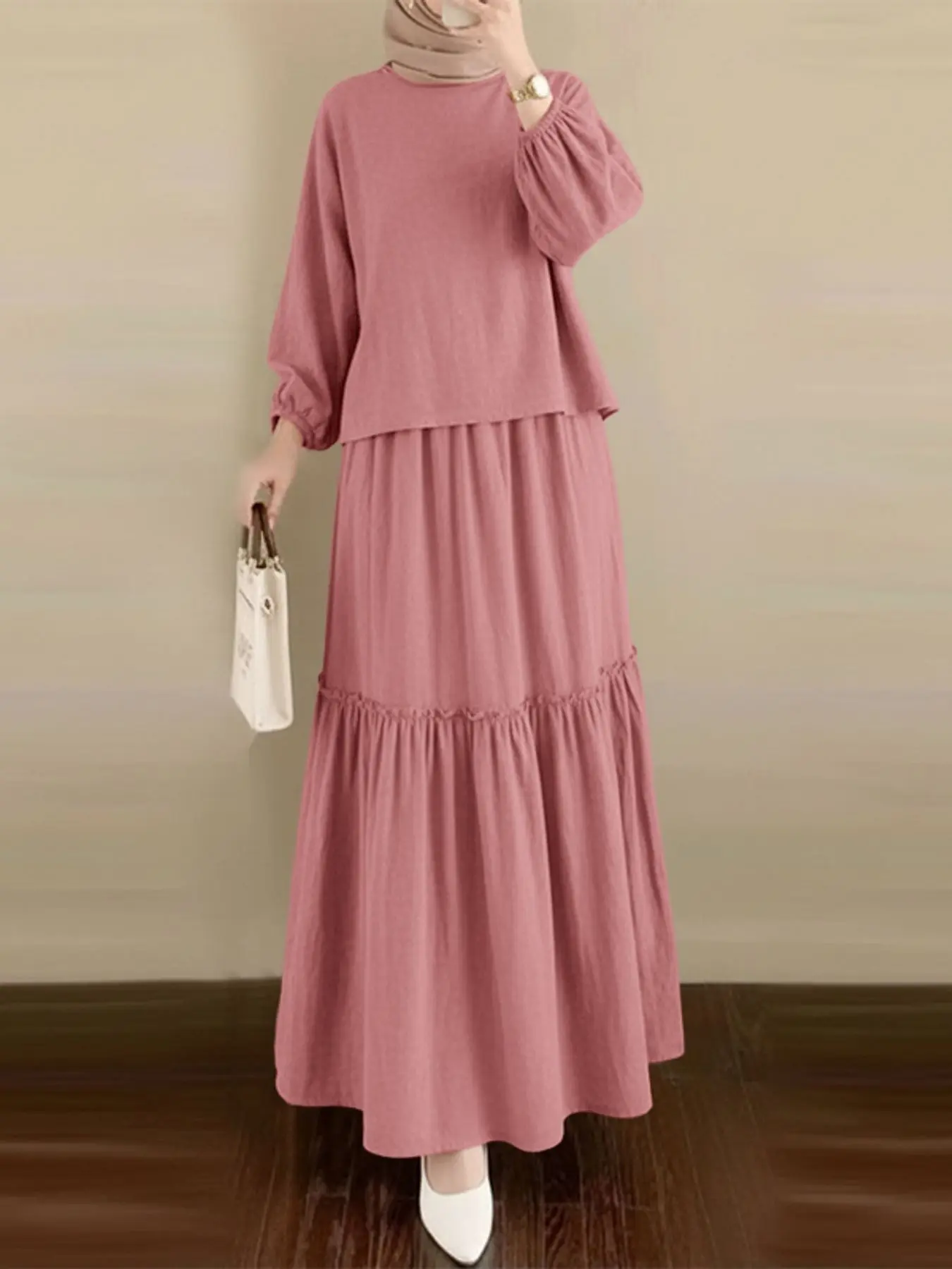 Women's Casual 2-Piece Set, Round-Neck Lantern-Sleeve Tunic Top with Button Back and High-Waisted Elastic Skirt, Matching Outfit for Daily Wear