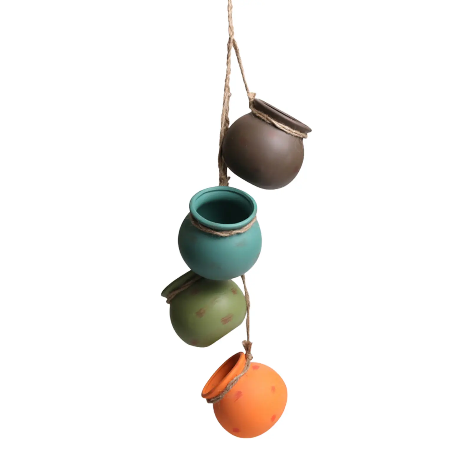 Dangling Southwest Desert Color Ceramic Hanging Planter Set – 4 Mini Succulent Pots with Rustic Rope, Wall & Ceiling Mount Flower Planters for Indoor Outdoor Decor, Boho Farmhouse Hanging Vase for Cactus, Air Plants & Small Succulents