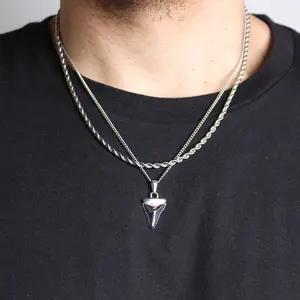 Silver Shark Tooth Pendant Necklace & 3mm Rope Chain Set