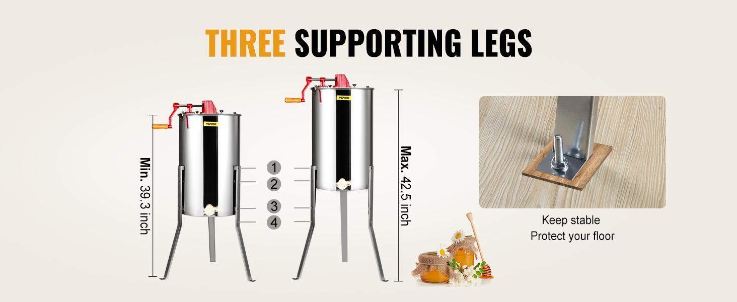 【Backtoschool】VEVOR Hand Crank Manual Honey Extractor, 3-Frame Stainless Steel Beekeeping Equipment, 39.3'' to 42.5'' Height-Adjustable Stand Honeycomb Drum Spinner with Lid for Kitchen, Basement Apiary Use, Adjustable Height, Manual Spin