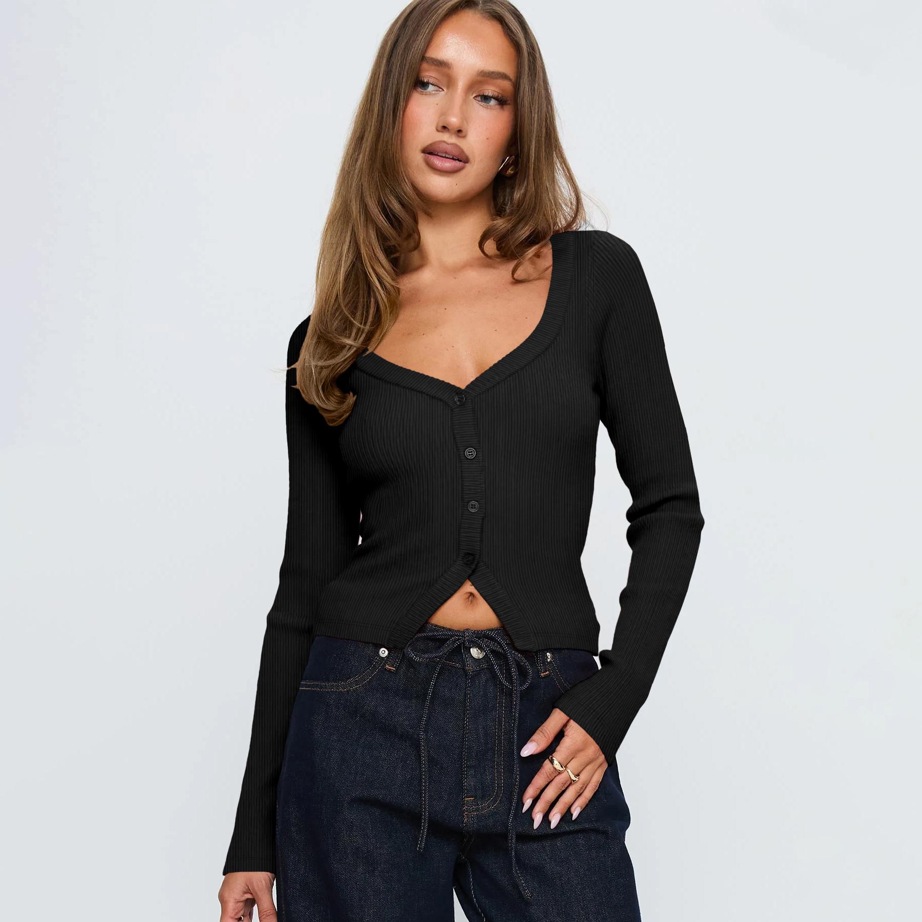 FAIABLE Women's Button Long Sleeve Cardigans Open Front Knit V Neck Cropped Sweaters Slim Fit Stretchy Shirt Soft Lightweight Layering Blouse Casual Elegant Tops Chic