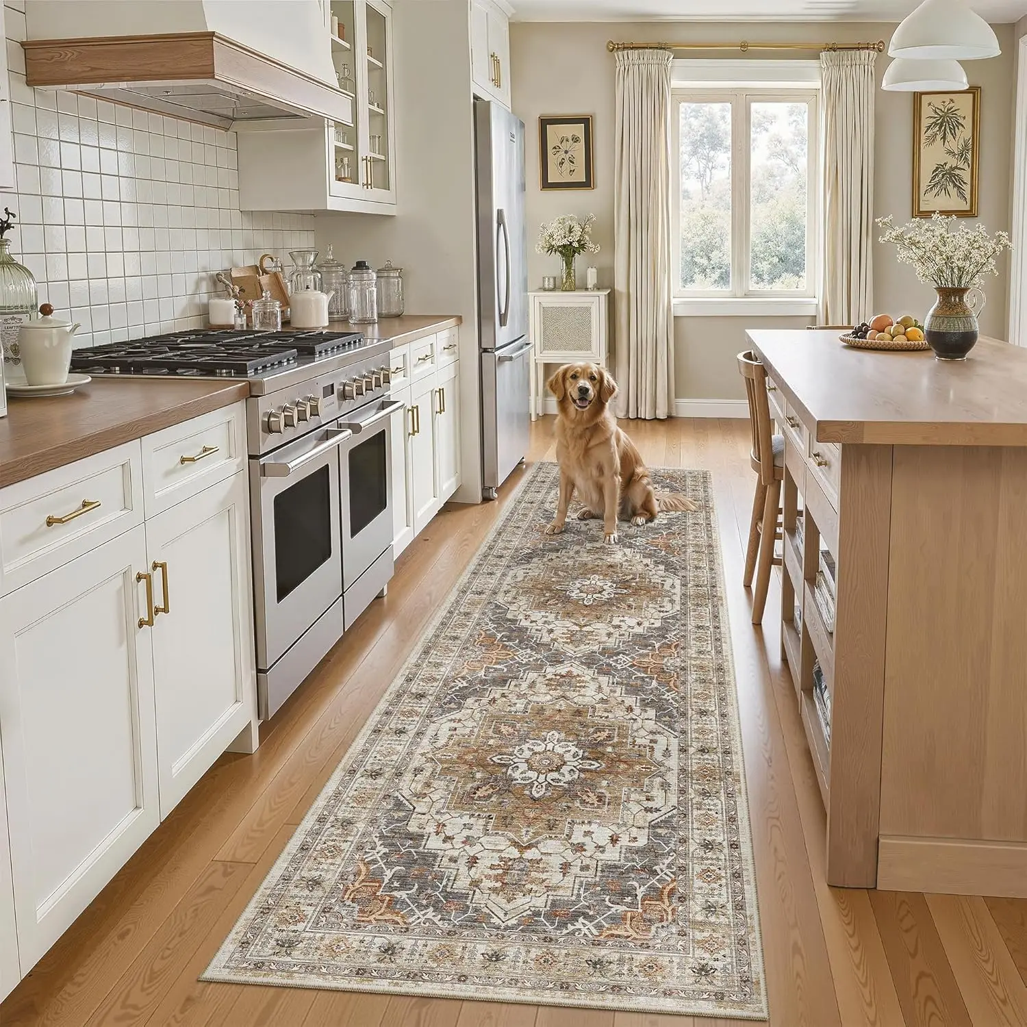 ComiComi Runner Rug 2x8, Washable Hallway Runner Rugs, Non-Slip Low-Pile Soft Kitchen Rug Runner Laundry Room Rug, Vintage Throw Entry Foyer Mat for Entrance Living Room (Turmeric/Grey, 2 x 8),back to school,dorm essentials,home decor,home essentials