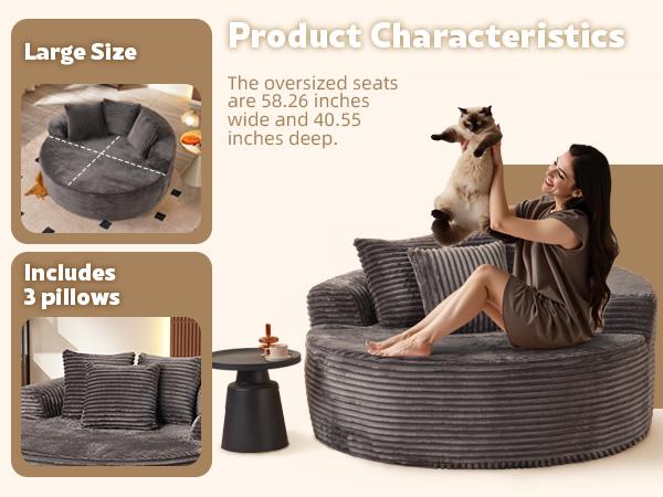 HOOOWOOO 59"W Oversized Round Sofa Bed - Modern & Boneless O-Shape Chaise Lounge, Lazy Bean Bag Chair, Deep Seat Couch with 3 Pillows, Plush Corduroy Fabric Chaise Lounge, No Assembly Required HOOOWOOO 59"W Oversized Round Sofa Bed - Modern & Boneless O-Shape Chaise Lounge, Lazy Bean Bag Chair, Deep Seat Couch with 3 Pillows, Plush Corduroy Fabric Chaise Lounge, No Assembly Required