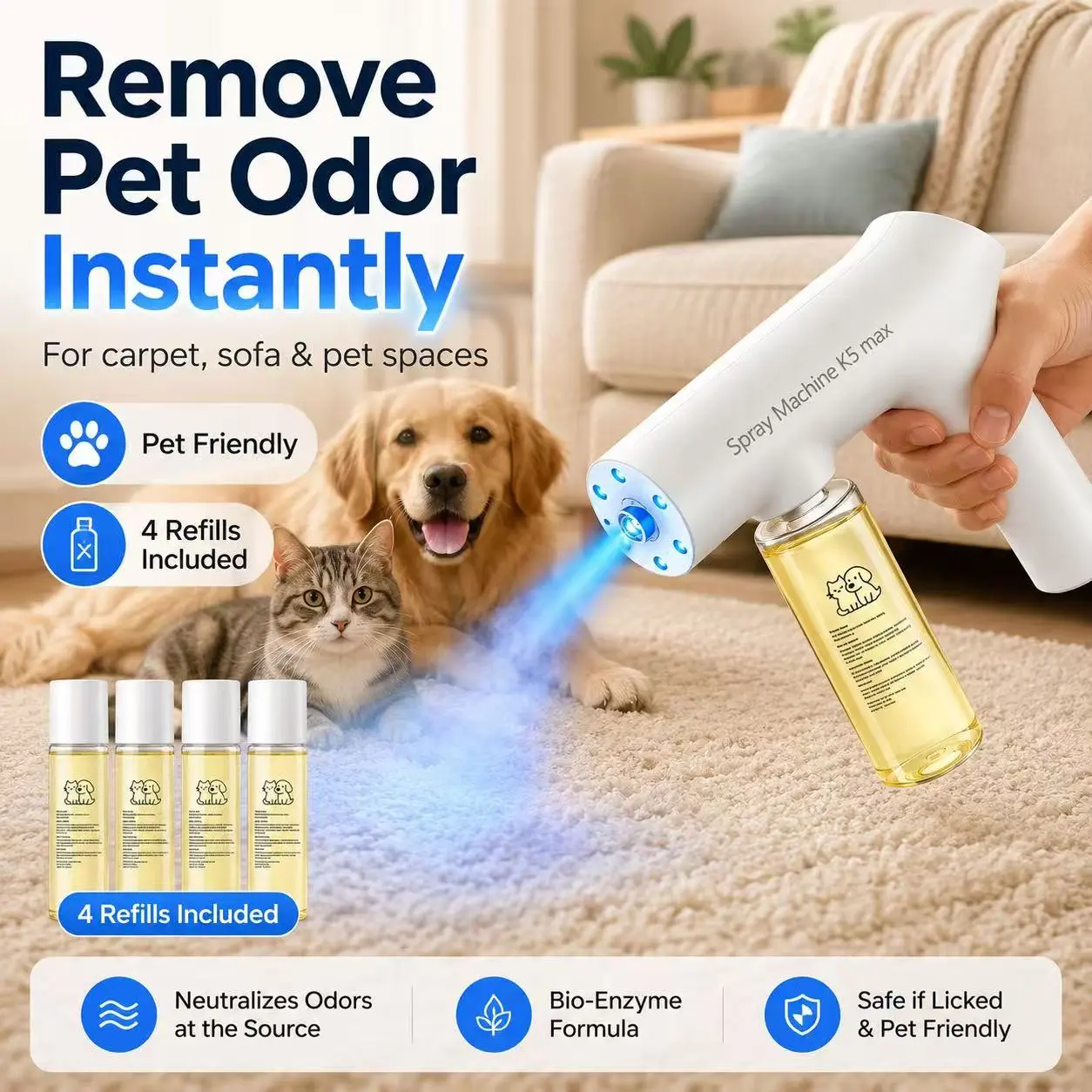 Pet Safe Nano Blue Light Probiotic Deodorizer Spray Kit - Plant Extracts, Bio-Enzymes for Urine Breakdown, Indoor Odor Removal, Disinfection, Floral-Scented Air Freshener for Dogs & Cats
