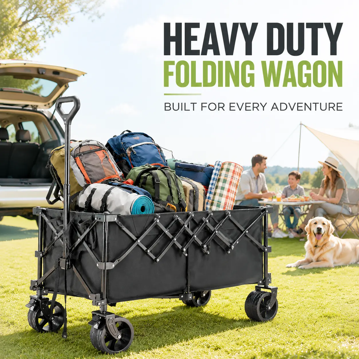【Summer Sale】Sweetcrispy Wagon Cart Collapsible 440lbs Foldable Extra Long Heavy Duty Utility Wagon with Wheels, Portable Storage Grocery Cart for Camping, Shopping, Sports, Beach, Garden