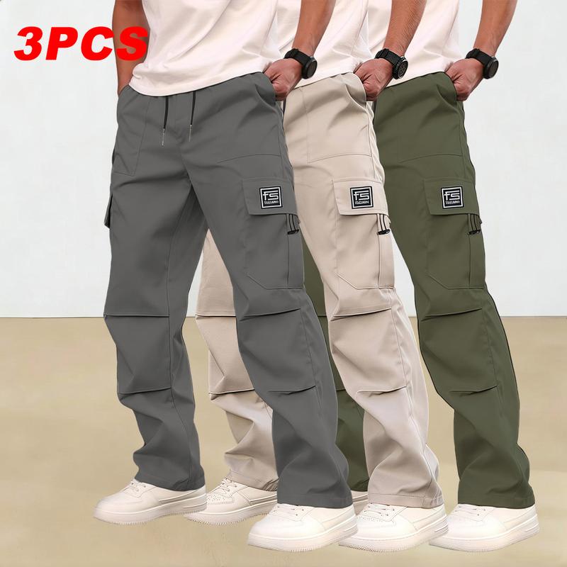 Men's multi-pocket work pants, 3-pack, suitable for all seasons and machine washable; mid-rise with drawstring closure; non-stretch polyester fabric; casual wear with pockets; versatile cargo pants