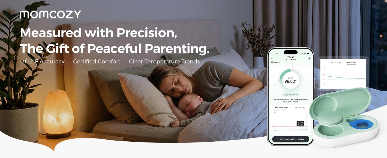 Momcozy Wearable Digital Thermometer for Baby, Medical-Grade Accurate Smart Thermometer, Instant Reads, APP Real-time Monitoring for Infants & Kids, Hypoallergenic 3M Stiker,Bluetooth, 180H Lasting