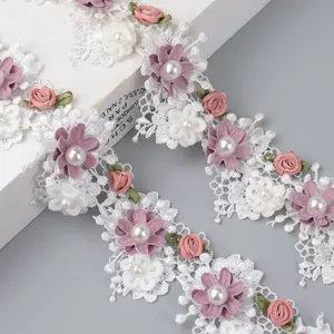 IDONGCAI 3D Floral Lace Trim – Vintage Apricot Pearl Ribbon for Weddings & DIY