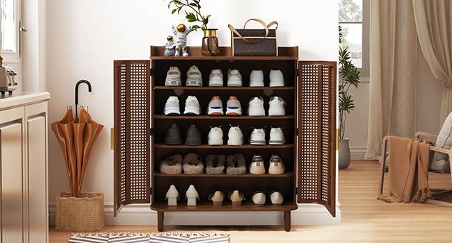 Giratree Shoe Cabinet, 5 Tier Boho Wooden Shoe Storage Organizer Cabinet with Adjustable Shelves, Shoes Rack with Iron Rattan Curved Doors Accent Cabinet for Entryway Hallway Living Room