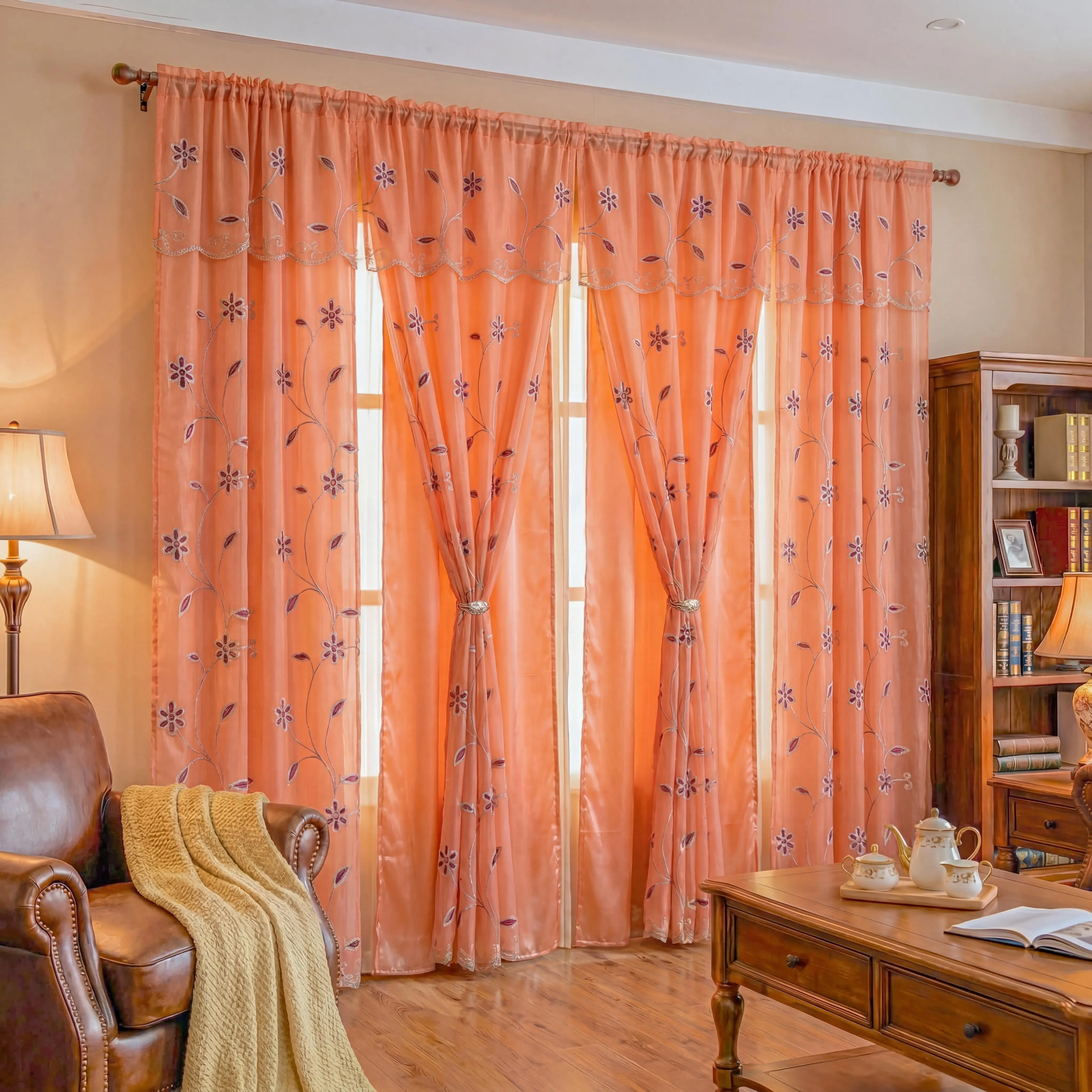 Double Embroidered Curtains 4 Panels Set 52x84 Inch with Matching Valance Luxury Vintage European Embroidery Blackout Drapes, Double Layer Satin Lined Rod Pocket Window Treatment, Elegant Classic Decor for Living Room Bedroom Dining Farmhouse Mansion QF29