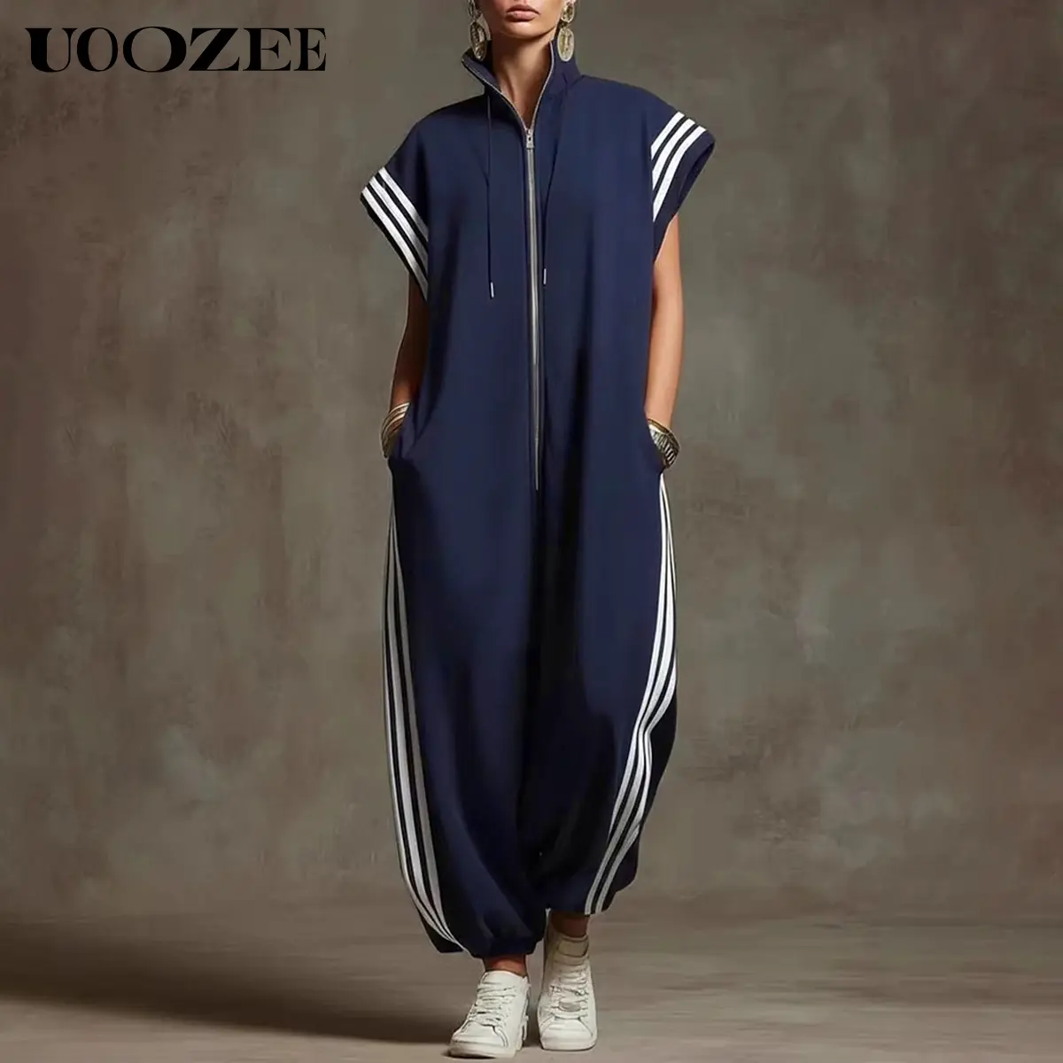 UOOZEE Women's Plus Size Athletic Jumpsuit, Oversized Streetwear Loungewear with Side Stripe, Zipper Collar and Pockets in Soft Polyester, Fit, Lady, Sleeveless, Overalls, Everyday