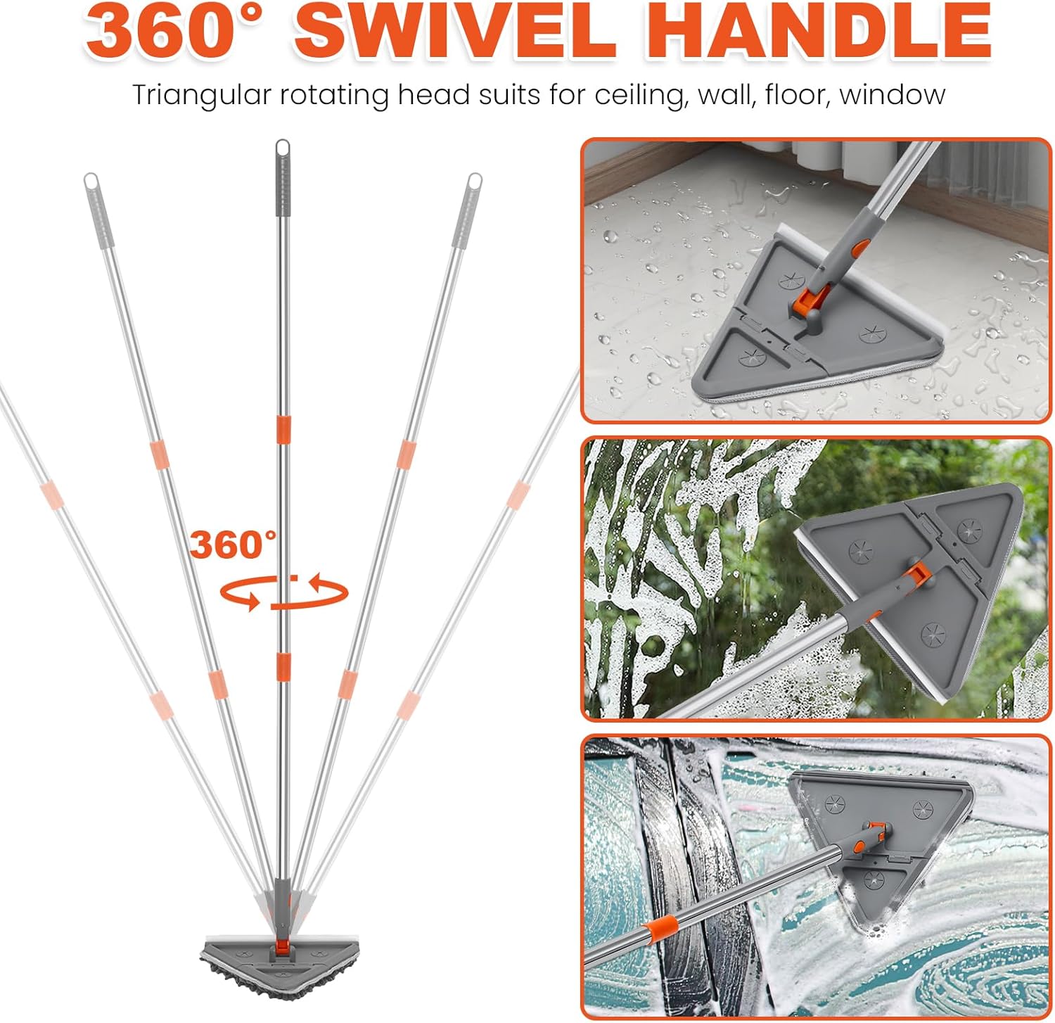 Wall Cleaner Mop with Long Handle 82 Inches, 3-in-1 Ceiling Duster with 6 Microfiber Chenille Pads, Baseboard Cleaner Tool with Squeegee, Mop for Wall Cleaning, Windows, Baseboards, Ceilings