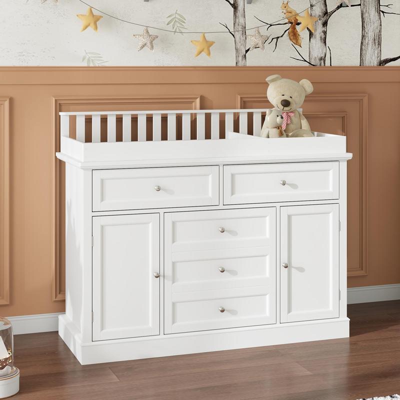 FUFU&GAGA Deborah Changing Table Dresser Antique White with Exposed Shelves, 5 Exposed Drawers & Space for Changing Pad, High-Quality Engineered Wood