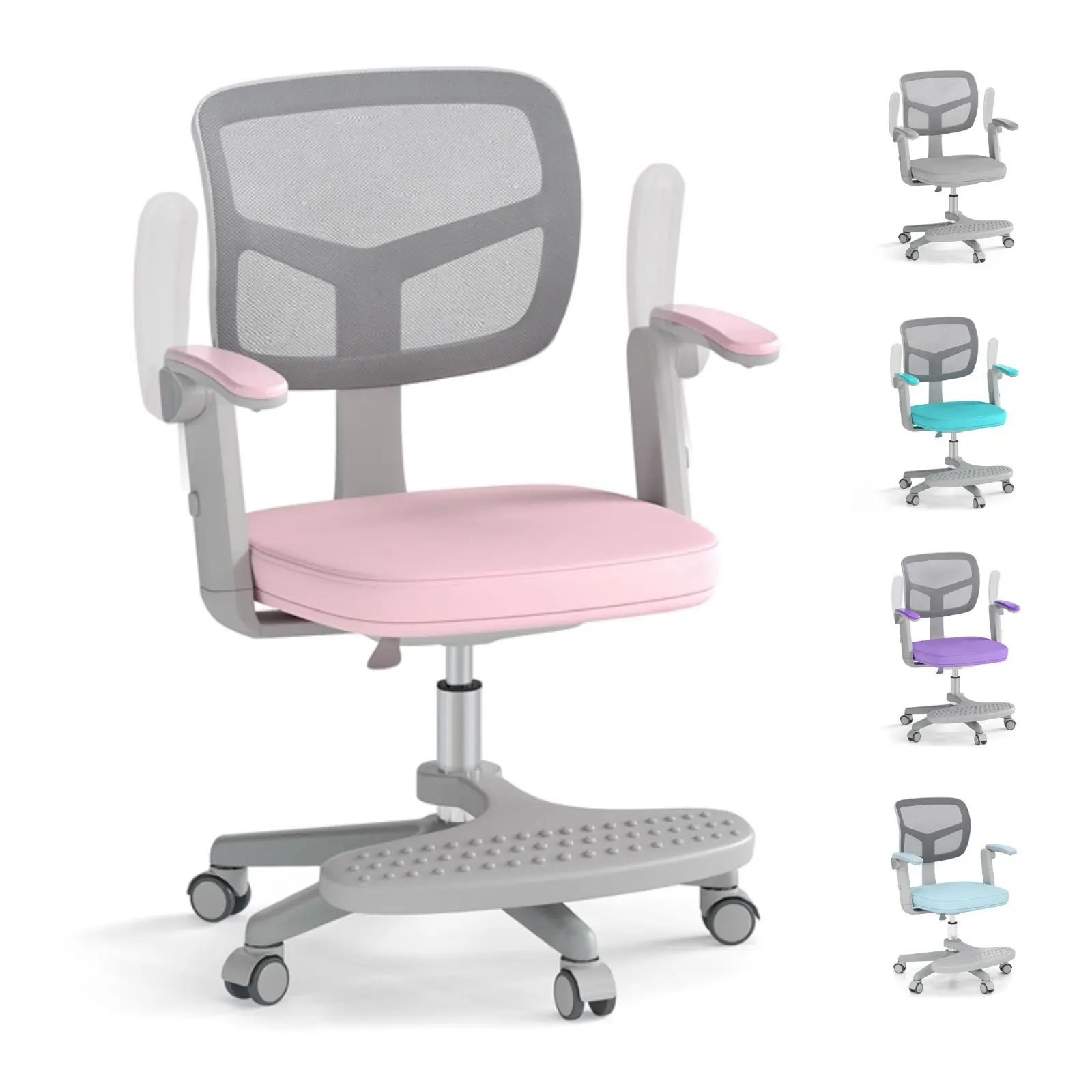 【Back to School】COSTWAY Kids Desk Chair, Ergonomic Adjustable Student Rolling Chair with Footrest & Flip-up Armrest, Mesh Children Office Chair with Universal Wheels, Kids Computer Chair for Boys & Girls Age 3-10