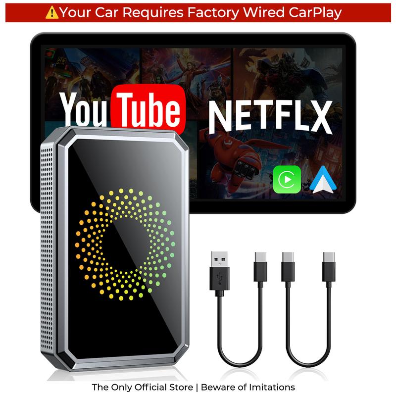【JumpstartSale】LAMTTO Wired to Wireless Carplay Adapter【Not support for Tesla & BMW】Supports Netflix/Youtube/TikTok APP to Play Video on a Car Screen (Do Not Support Vehicles with Built-in Wireless CarPlay) ,Your Entertainment Co-pilot on the Road!