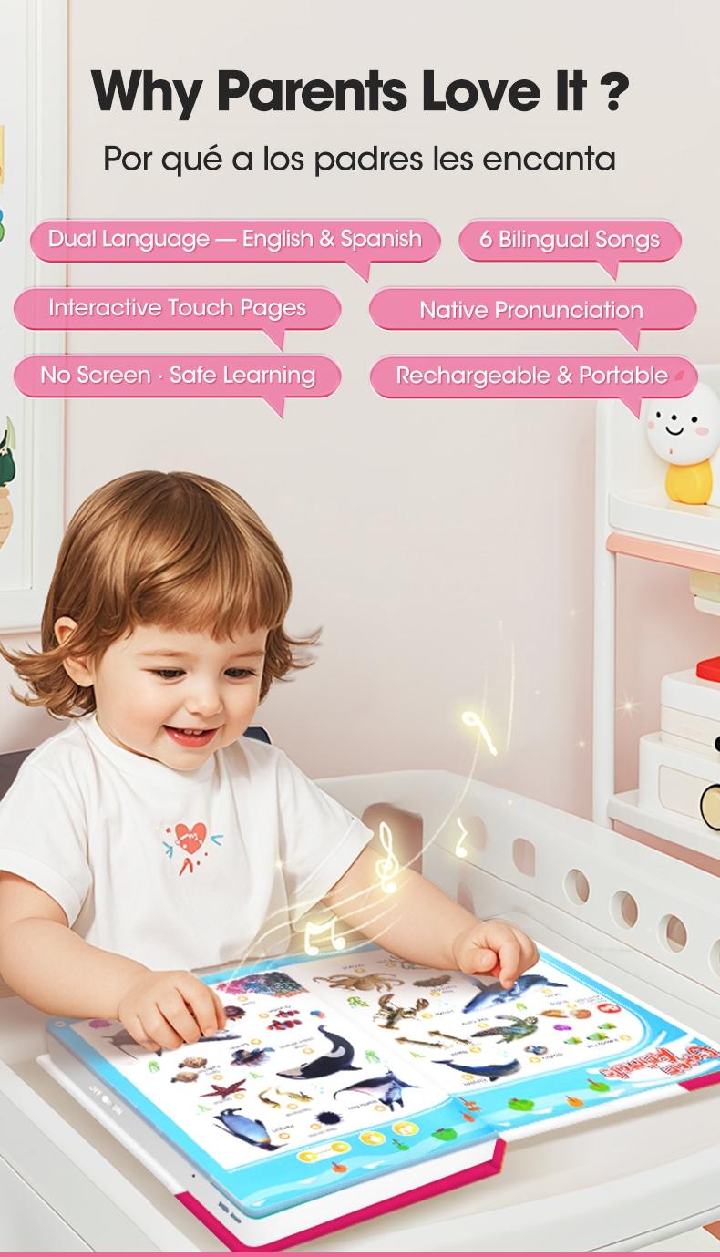 Spanish Interactive Educational Toy for Kids 1–6, Bilingual Sound Book for Early Language Learning, Interactive Educational Toy with 300+ Words & 13 Themes, Perfect Gift Idea for Toddlers