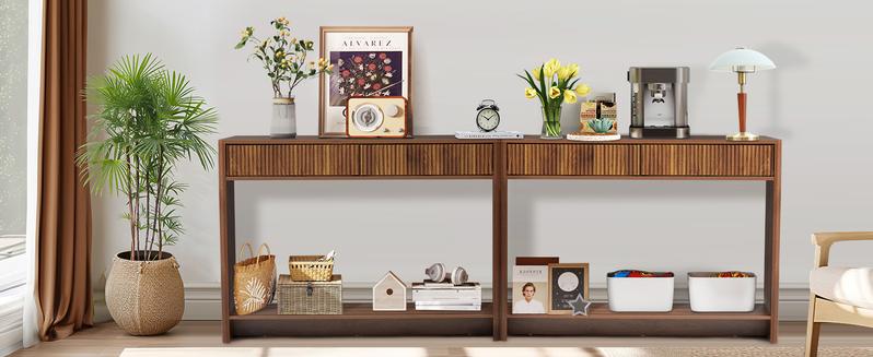 Giratree Narrow Console Table with 2 3 Drawers, Entryway Table with Storage, Table Behind Sofa Long for Living Room TV, Hallway Entrance Foyer, Mid Century Farmhouse Fluted Console Table