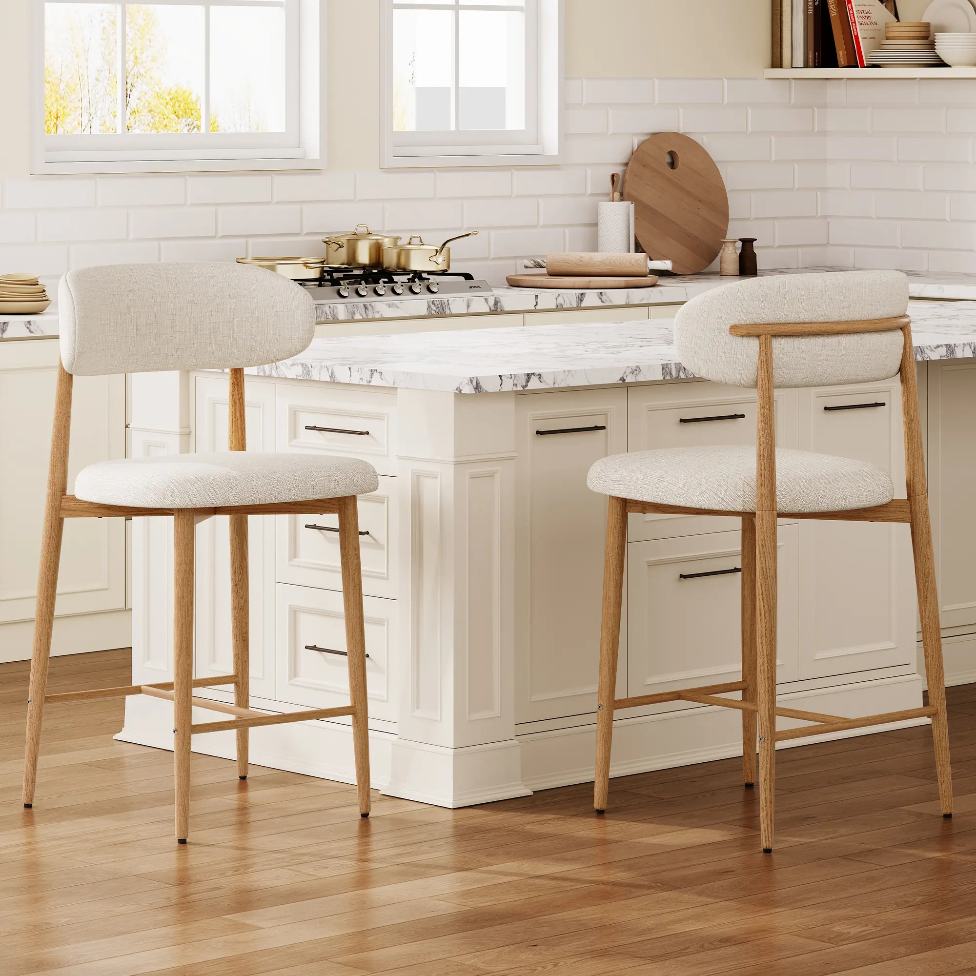 Linen Upholstered Kitchen Bar Chairs with Cushion - 2-Piece Modern Mid-Century Counter Height Indoor Furniture, Beige, Metal Legs, 18.70 lbs, 20.47 in Length, Includes Installation Instructions for Kitchen Island/Dining Use