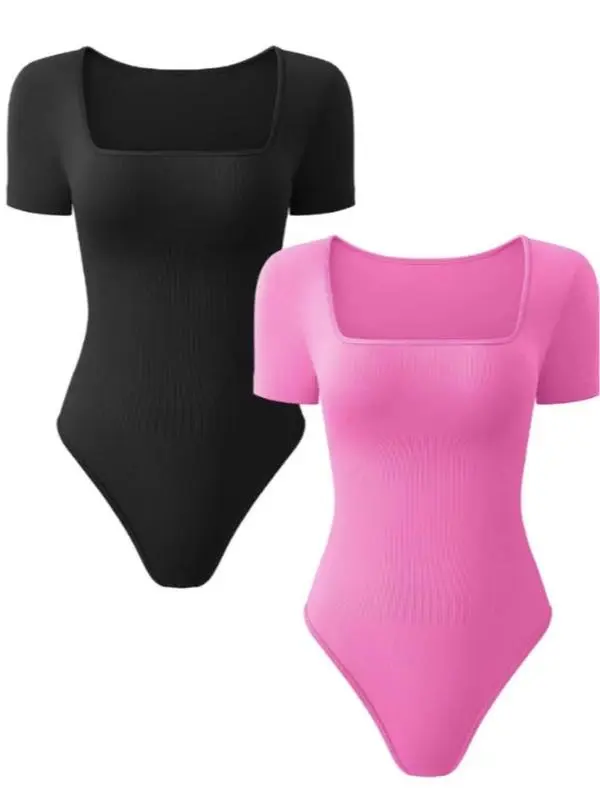 Women's Solid Square Neck Bodysuits,Casual Curvy Short Sleeve Bodysuit for Daily Wear, Tummy Tuck Garment,Ladies Clothes for All Seasons, Shapewear Bodysuit,Waist Trainer Women, Womenswear,clothes for back to school,first day of school outfits