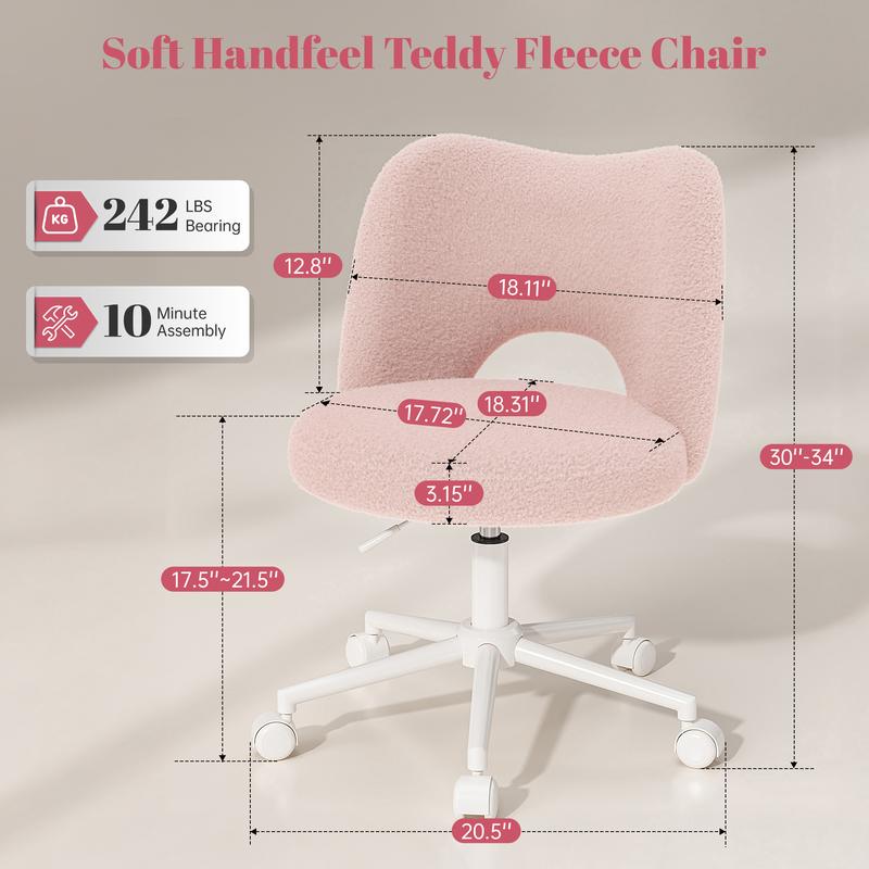 【Star Furniture】Raybee Vanity Swivel Chair with Backrest, Faux Fur Ultra-Plush Fleece, Silent Rolling Wheels, Height Adjustable Comfy Reading Chair Cute Armless Velvet Office Chairs for Girls Makeup Room Gift, Bedroom & Home Furniture [LoveatFirstFind]