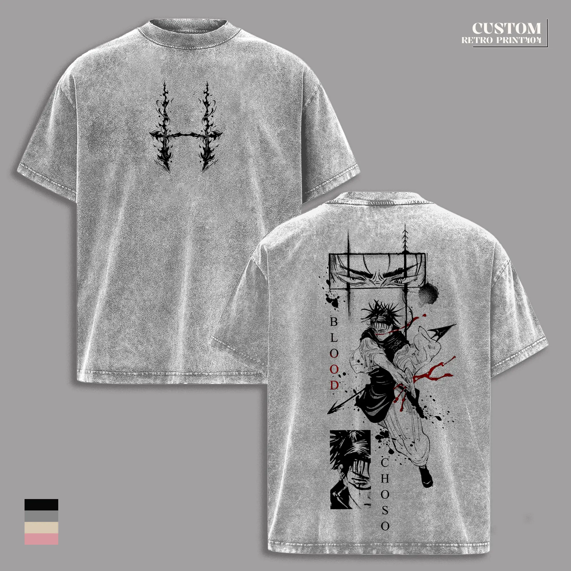 Men's Oversized Jujutsu Kaisen Print T-Shirt - Vintage Washed Choso Graphic, Heavyweight Cotton, Round Neck, Relaxed Baggy Anime Streetwear, Pre-Washed, Retro, Size L, Ribbed Trim