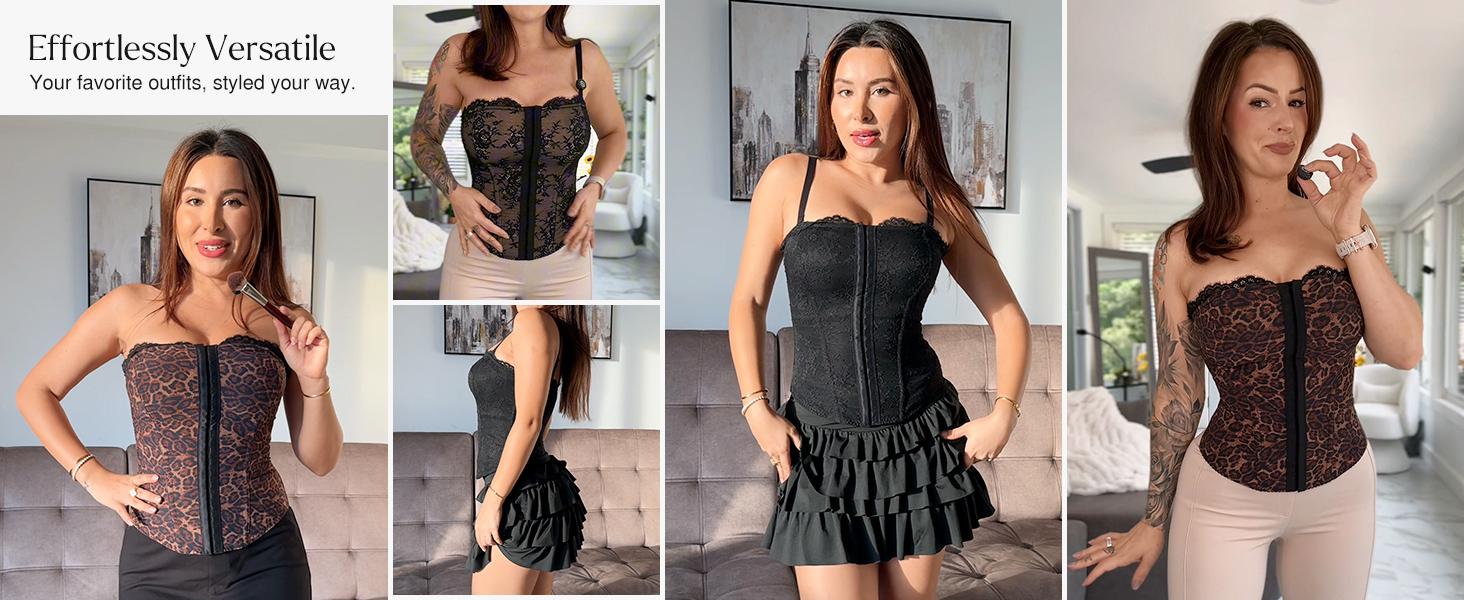 Popilush Leopard Corset Top Women's  Style Sexy Detachable Strap Lace Up Sculpting Shapewear