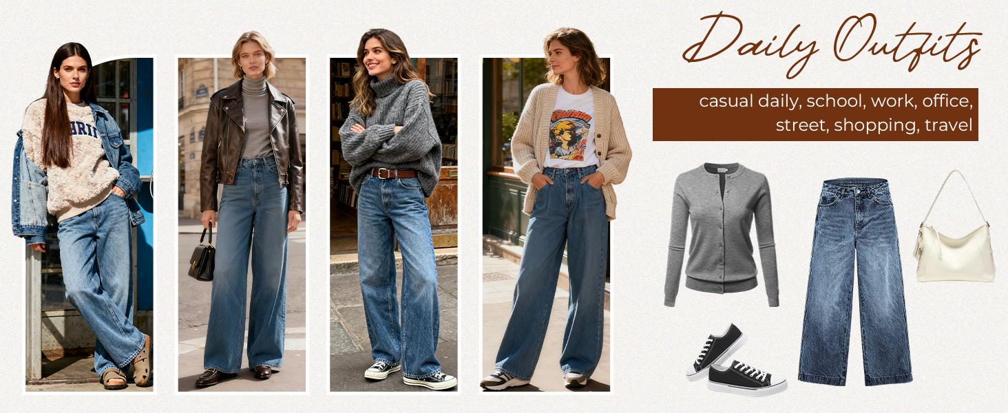 EMMIOL Women's Blue Wash Boyfriend Wide Leg Jeans - Y2K Vintage Style - Denim Baggy Jeans | Baggy fit Pants