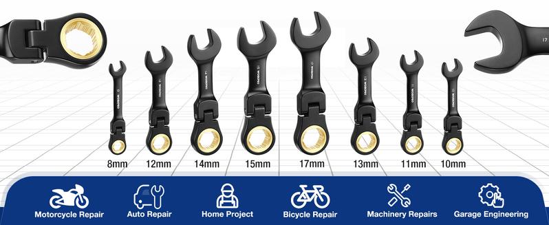#JumpstartSale WORKPRO 8-Pack Flex-Head Stubby Anti-slip Ratcheting Wrench Set with Rolling Pouch