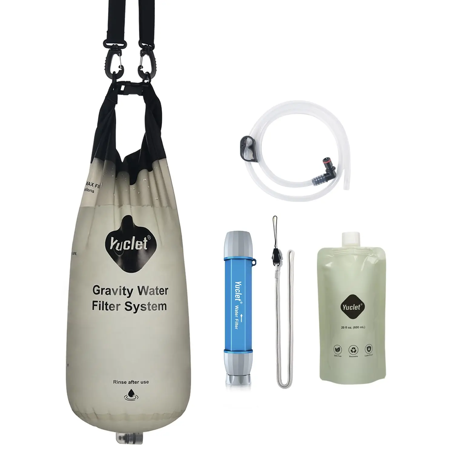 Gravity Water Filter System with Foldable, Lightweight, Compact 2-Gal Leak-Proof Reusable Food-Grade Bag, 0.1-Micron Filter Straw for Camping, Backpacking, Emergency Survival Prep