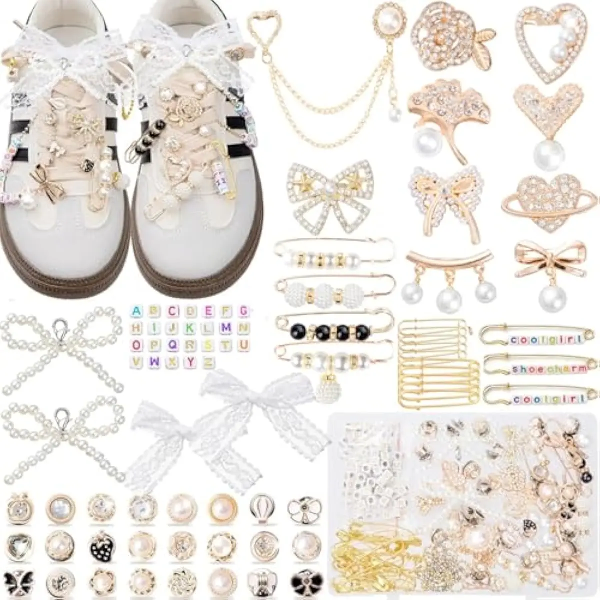 410Pcs Shoe Charms for Sneakers,Junk Socks Charms Kit with Letter Beads, Gold Brooches and Pins for Women, Gold Charm for Socks and Sneakers, Pearl and Rhinestone