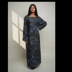 Elegant Modest Long Sleeve Maxi Dress with Pockets Winter Wear in Black and Gold Floral Print