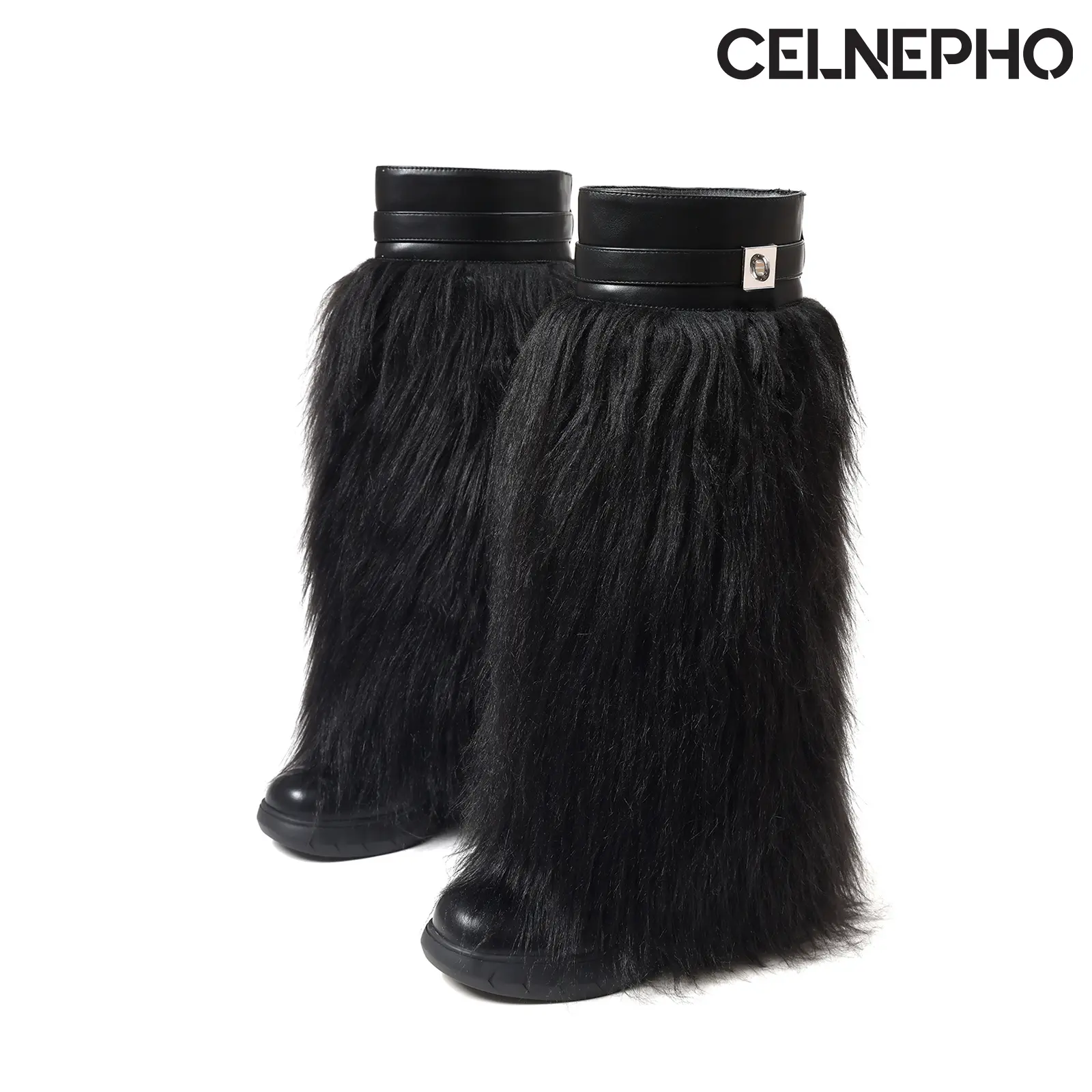 CELNEPHO Knee High Boots for Women Round Toe Faux fur Shark Boot Chunky Platform Heel Metal Design  Easy Pull on Comfy Warm Booties Gift Date Everyday Casual Working Party Dress Shoes