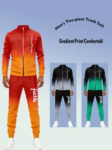 Men's Gradient Stand Collar Tracksuit - Faith Letter Print Full Zip Casual 2 Piece Set