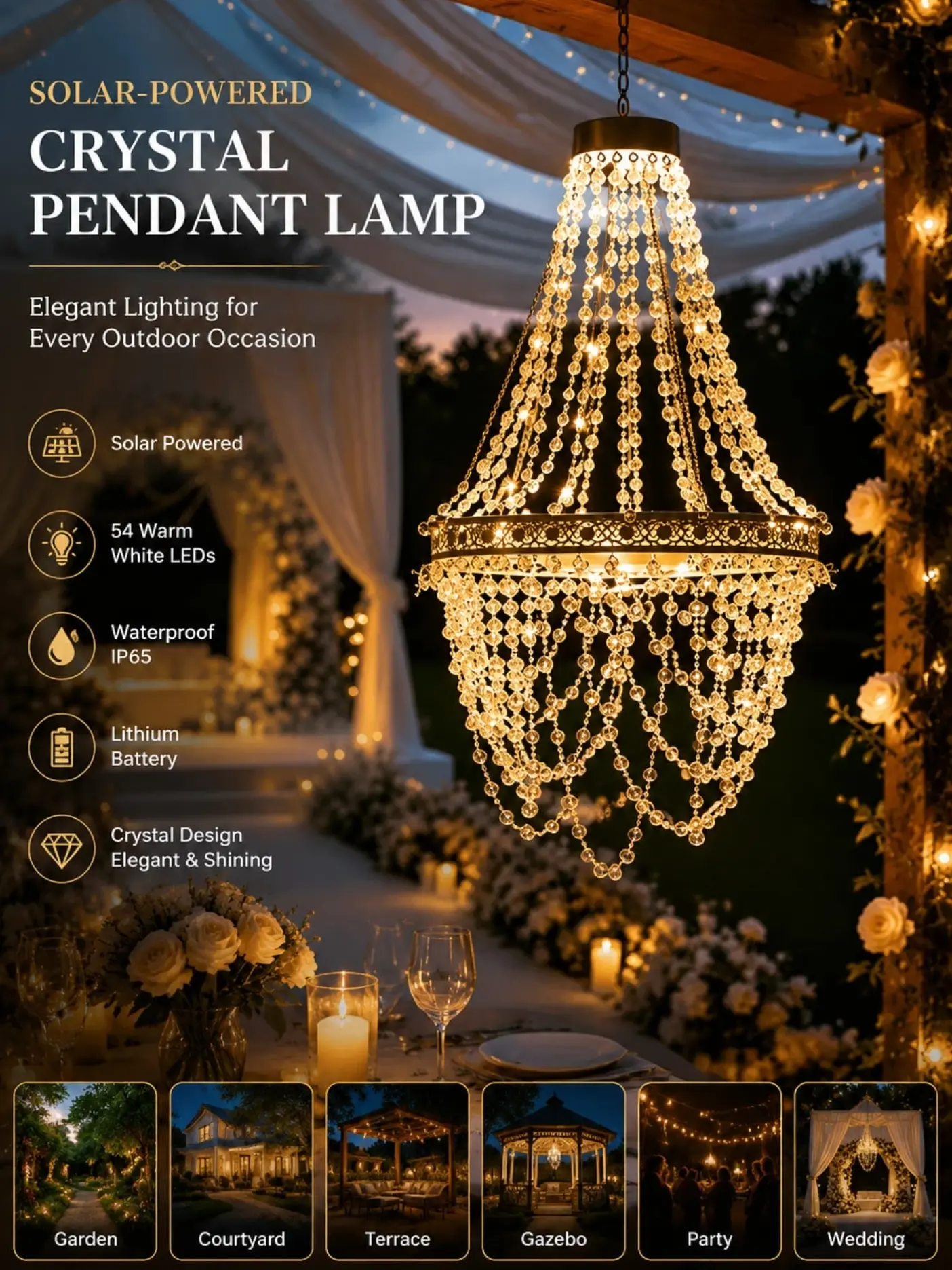 1pc Crystal Glass Pendant Shape Outdoor Lamp with Beaded Chain, Warm White LED Light, Waterproof Elegant Decor, Suitable for Gardens, Parties & Weddings