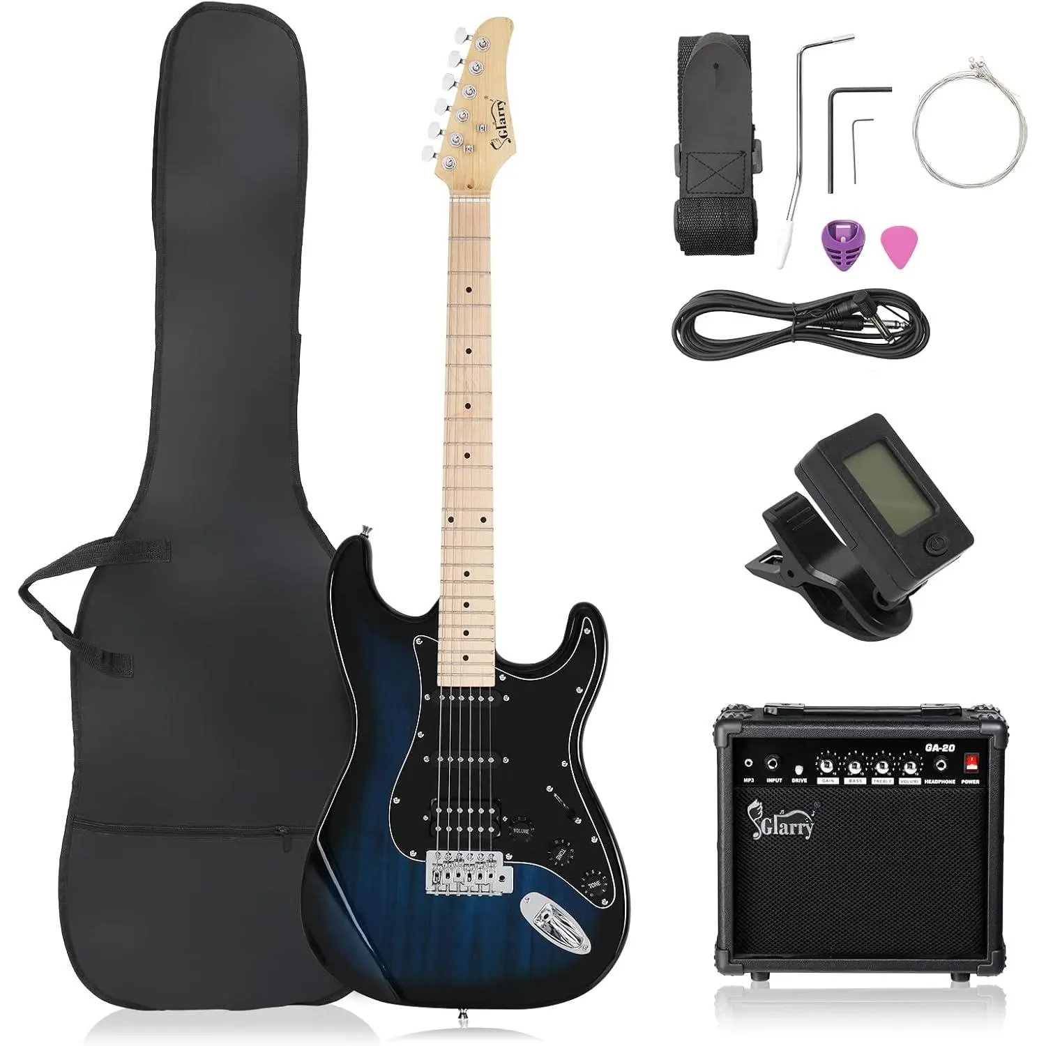 GLARRY 39" GST Series Full Size Electric Guitar Pack - HSS Pickups, Rosewood Neck, Amp & Accessories Kit for Beginner Level (Rock Blues) w/Digital Tuner, Strings, Picks, Tremolo Bar, Strap, Portable Case (Dark Blue) tiktokshopbacktoschool
