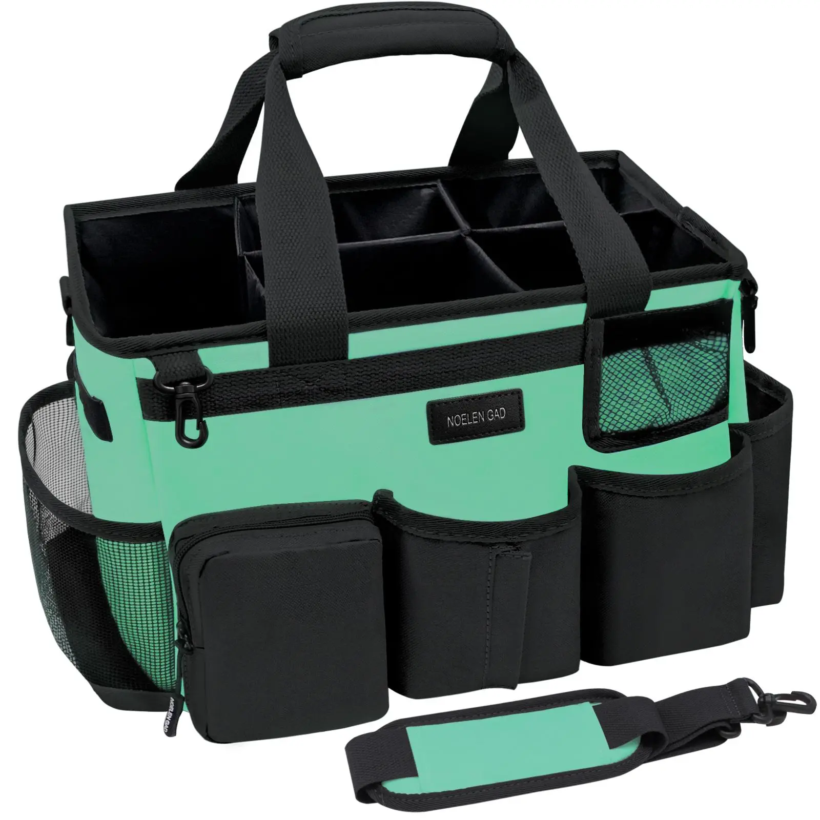Green wearable cleaning bag with handle and shoulder strap suitable for cleaning car cleaning tool storage bag, with 5 foldable partitions