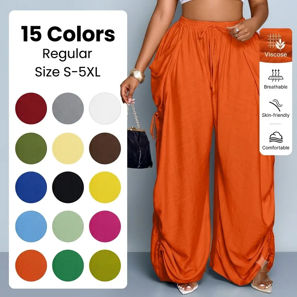 Women's High-Rise Wide Leg Pants - Plain Woven Fabric, Adjustable Side Drawstring, Comfortable Daily Wear | Womenswear