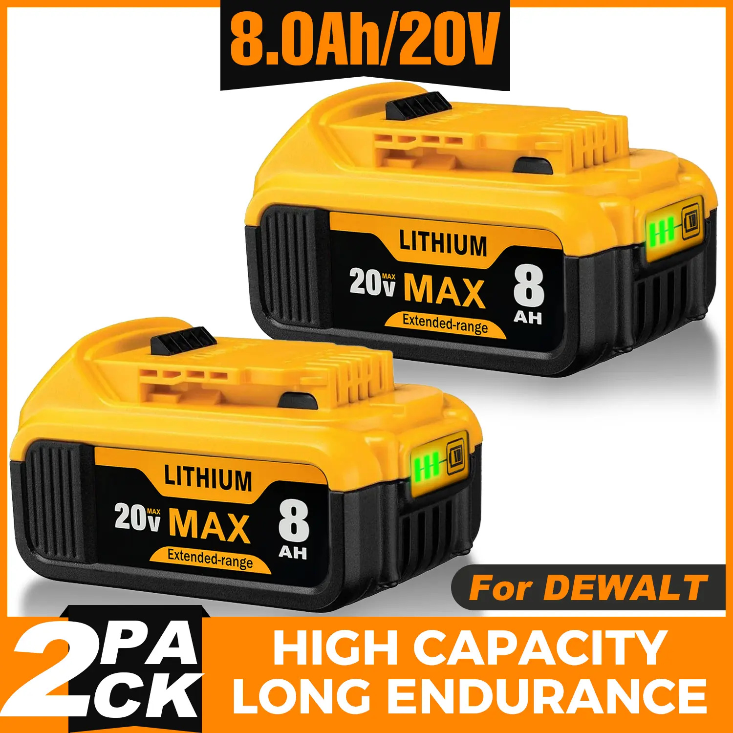 For Dewalt 20V Max Battery 8.0Ah Lithium-ion Replacement for DCB208 DCB200 DCB206 DCB205 DCB204 Cordless Power Tools Heavy Duty 2/1Pack High Capacity Lithium Ion Battery Pack outdoorfun