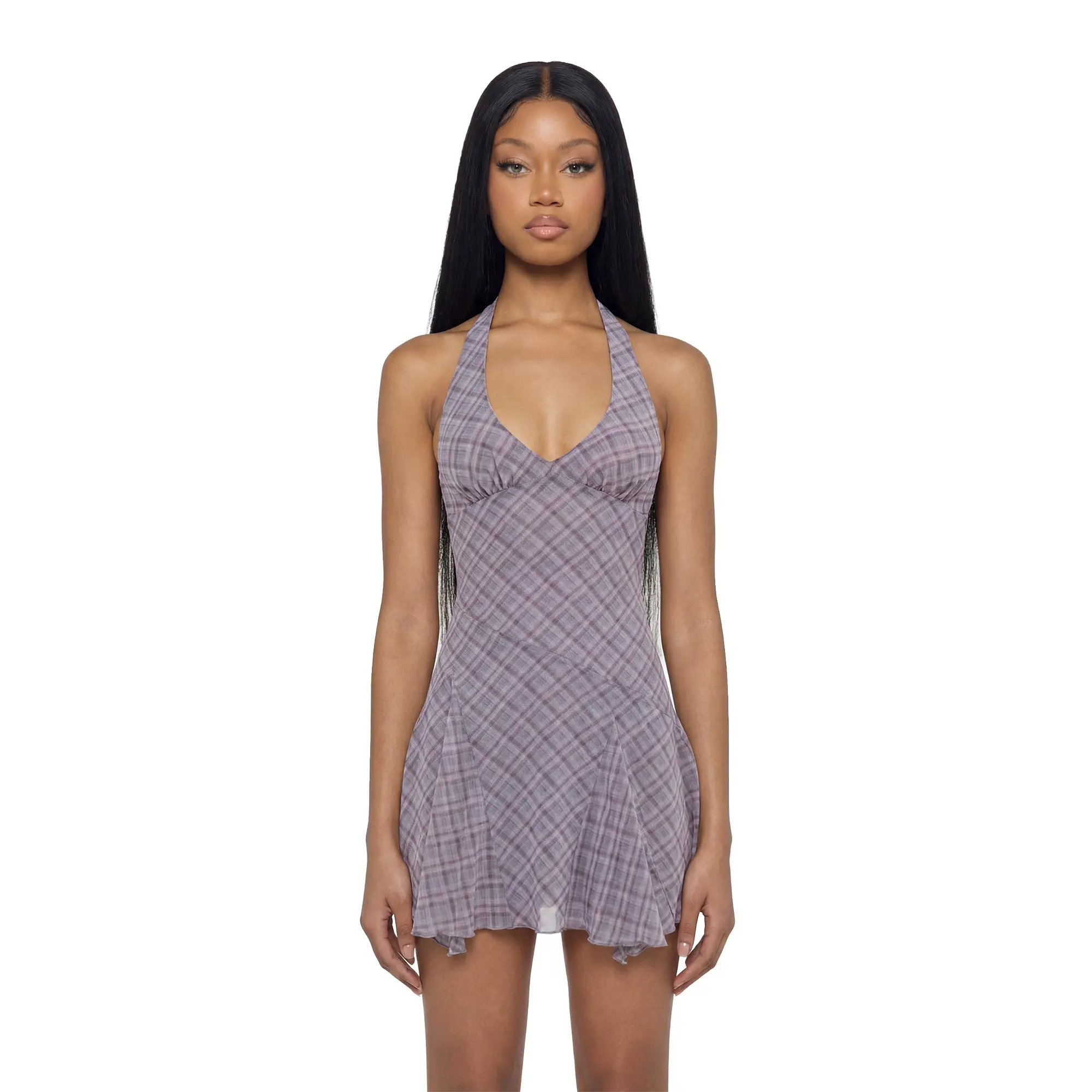 slim fit dress slacks Plaid Linen Halter Dress - Plum Plaid main image 0